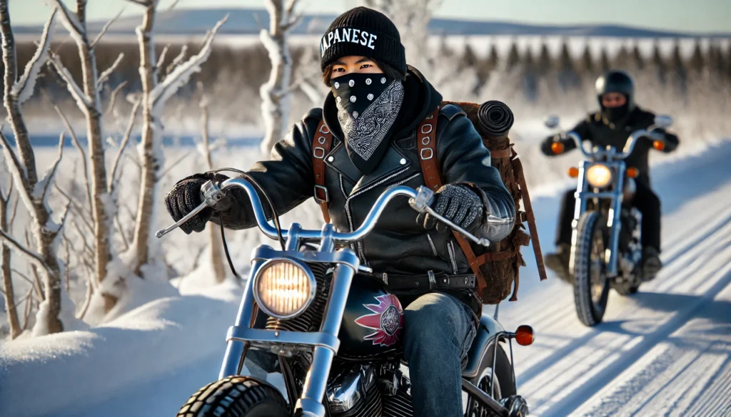 アメリカンバイクとバンダナにマスクを追加で防寒対