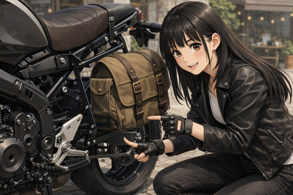 サイドバッグステーで巻き込み事故を防止する