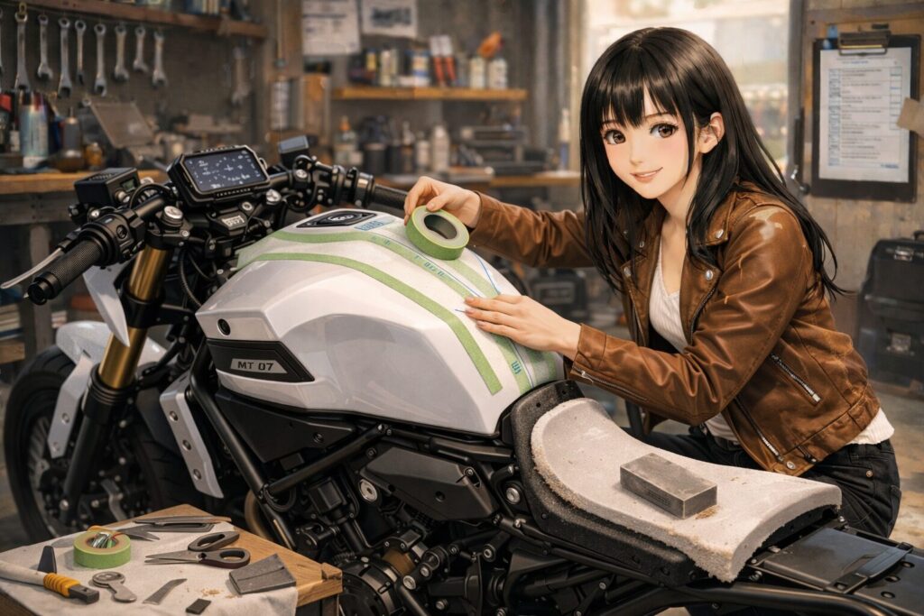 タンクカバーの加工とシートラインの再構築