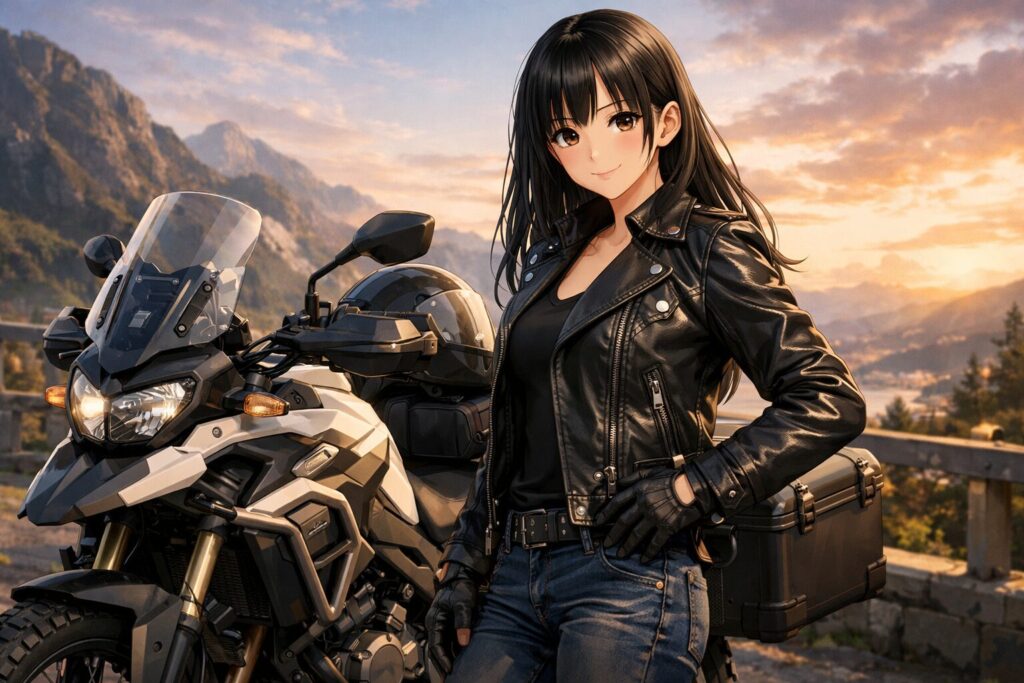 アドベンチャーバイクと革ジャンのかっこいい融合