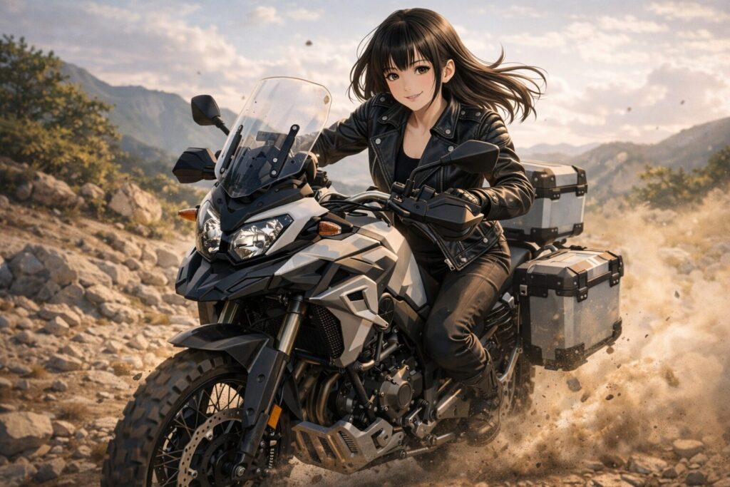 オフロード走行にも対応する革の強さと防風性能