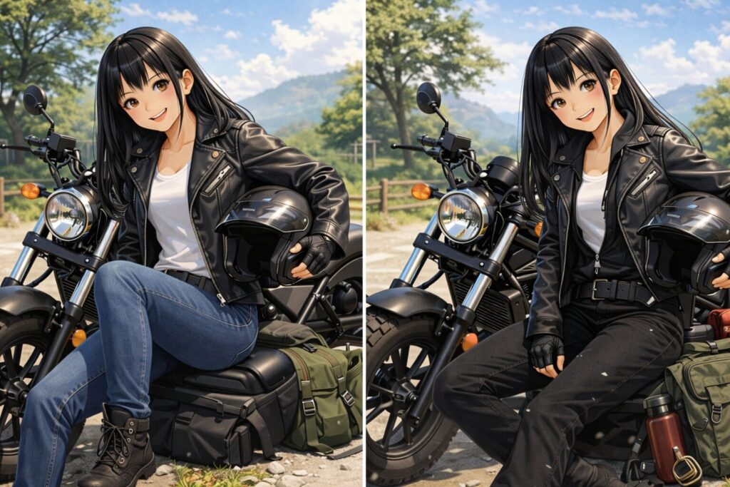 低い車体を引き立てるデニムや黒パンツの合わせ方