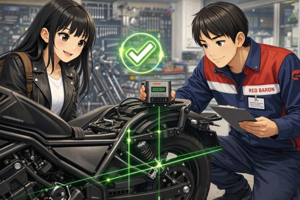 フレームの歪みを確認するアシダムなど中古の品質保証